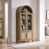 71" Tall Arched Display Cabinet, 5-Tier Bookshelf Modern Farmhouse Arched Bookcase with Glass Doors and Shelves