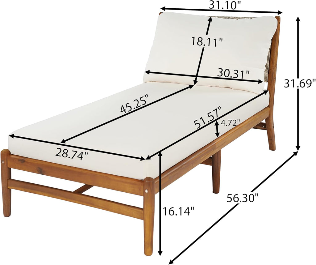 Acacia Wood Chaise Lounge Chair Outdoor With Water Resistant Cushion, Outdoor Recliner Chair With Hand-Woven