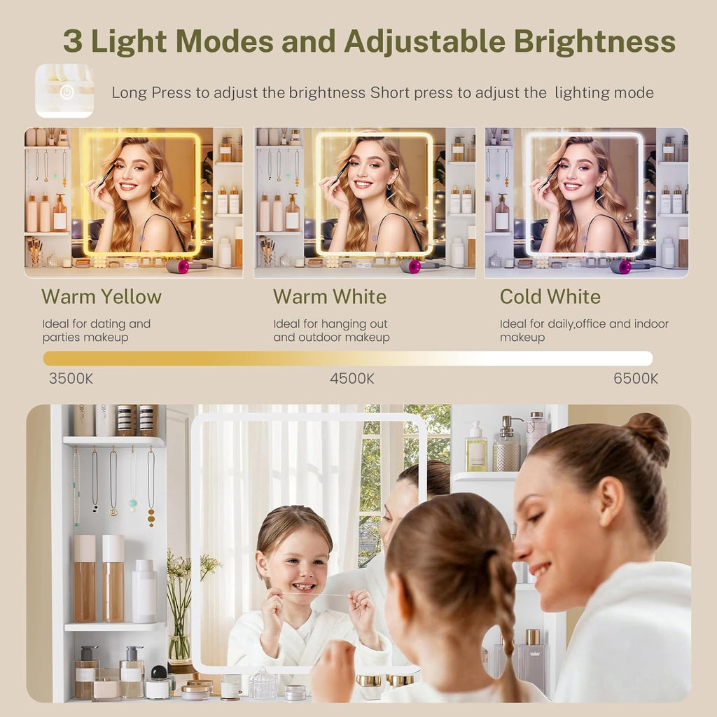 Vanity Desk with Mirror and Lights, Makeup Vanity with Power Outlet and 4 Drawers & 6 Shelves & 5 Hooks, 3 Color