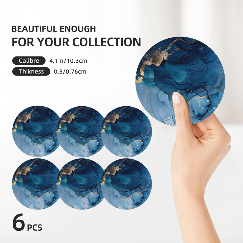 6 Pcs Ceramic Coasters with Holder Absorbent Drink Round Navy Blue Gold Marble Agate Style Design Table Coffee Cup