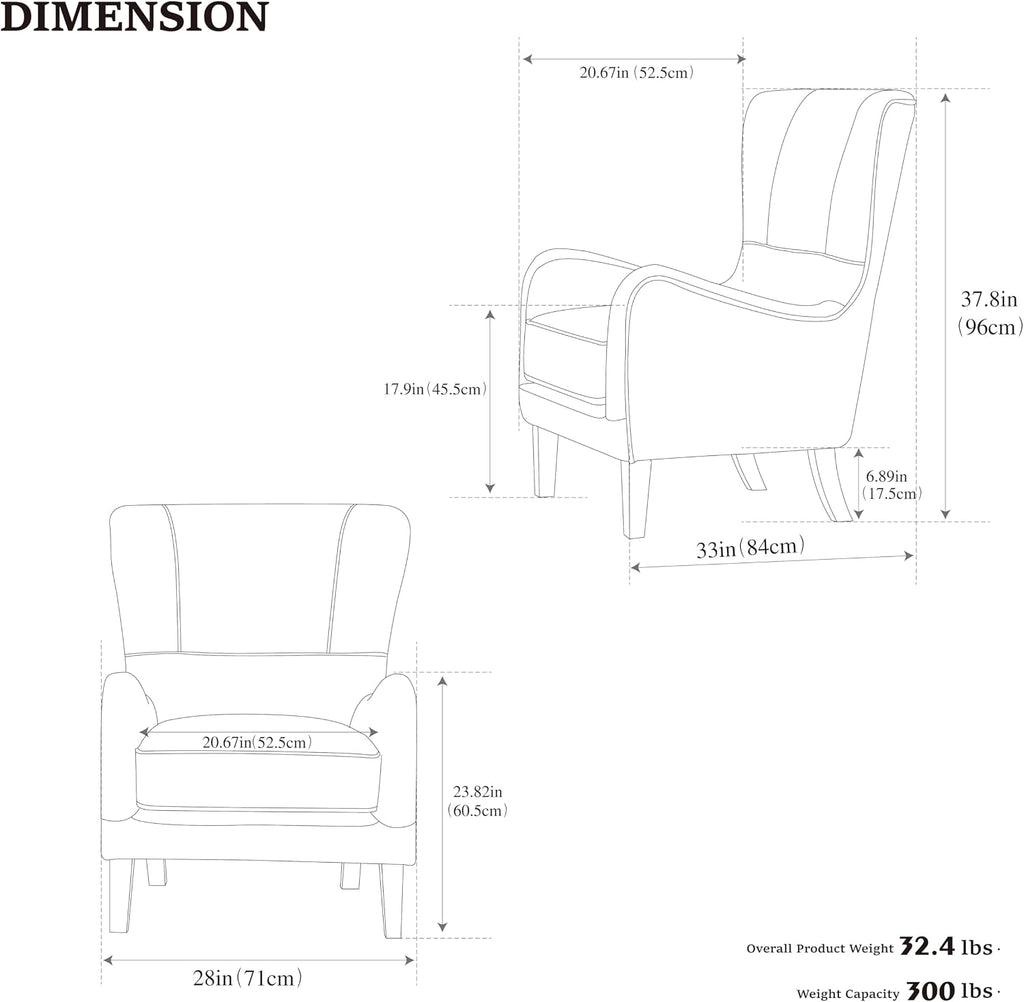 PU High Back Accent Chair Oversized, Retro Wingback Reading Armchair with Solid Wood Legs, Mid-Century Comfy Arm