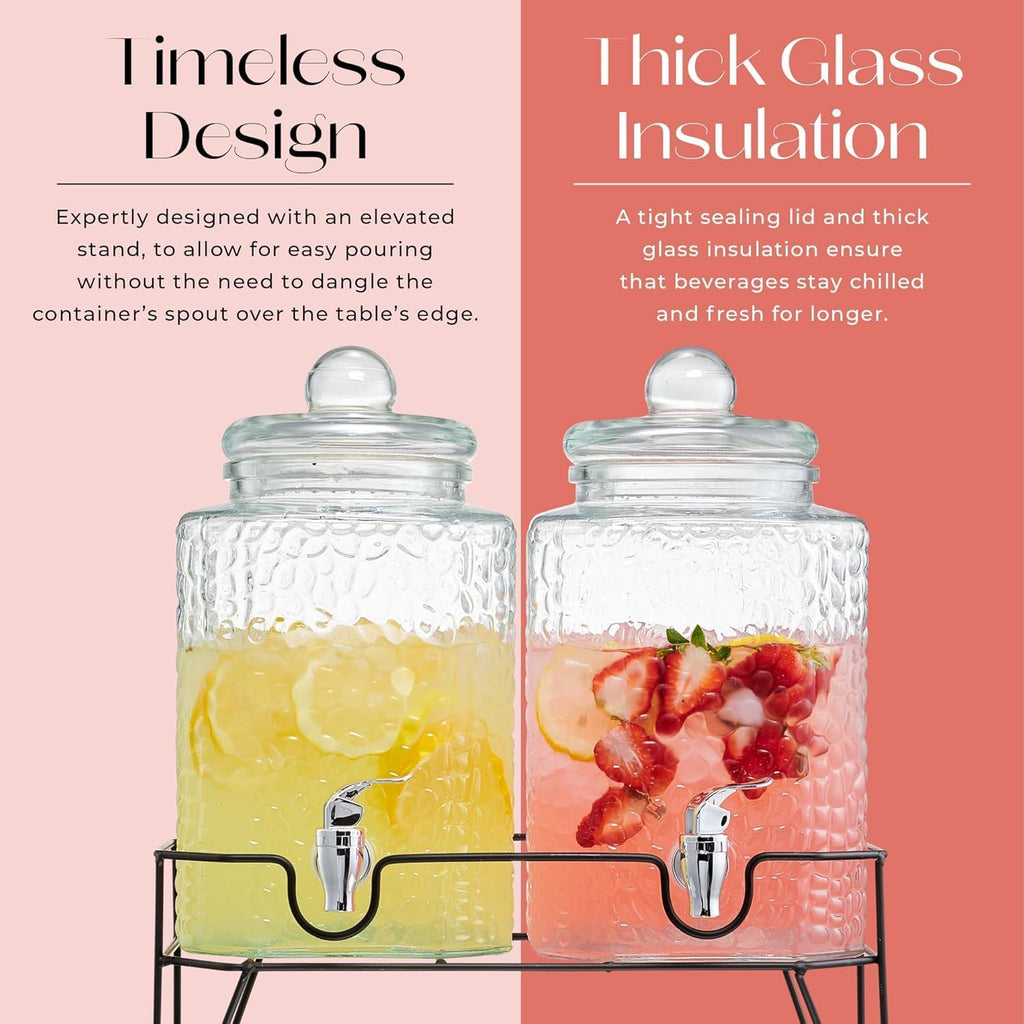 Premium Glass Drink Dispensers with Metal Stand for Parties - Beverage Dispenser Set for Cold Drinks, Lemonade