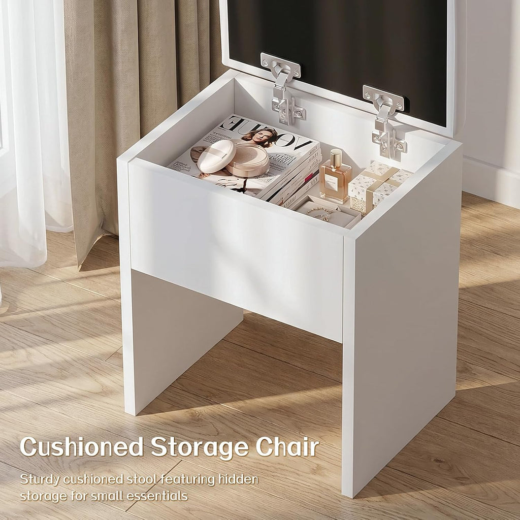 Makeup Vanity Desk with LED Mirror and Chair Set, White | 3 Lighting Modes, Built-in Charging Station, Storage