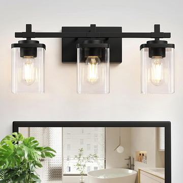 3-Lights Bathroom Vanity Light Fixtures, Modern Black Vanity Lights Over Mirror with Clear Glass Shade , Wall Mounted