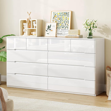 10 Drawer White Dresser , 55" Long Dresser Chest of Drawers, Large High Gloss Modern Storage Cabinet with Big Drawers