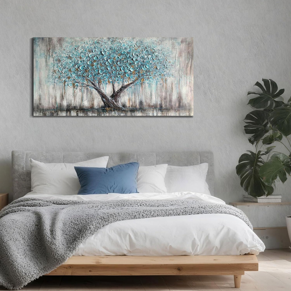 Tree Wall Art Canvas Blue Tree of Life Nature Teal Abstract Painting, Textured Picture Modern Panoramic Landscape