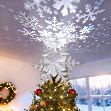 Christmas Tree Topper with Rotating Snowflake Projector, Silver