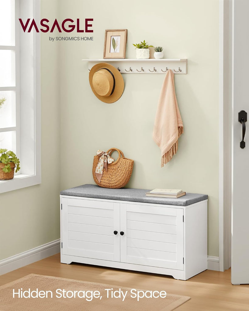 Shoe Storage Bench with Cushion, 3-Tier Entryway Bench with Padded Seat, Doors, Adjustable Shelves, 14 x 39.8 x 20.7