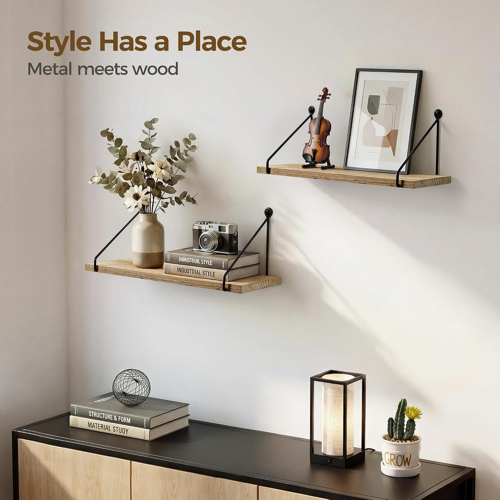 Rustic Floating Shelves for Wall, Wood Shelf with Brackets, Set of 2 | Solid Wood and Metal, Hanging Bookshelf