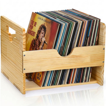Vinyl Record Storage Crate, Wood Crate Unfinished, Wooden Record Holder Stores up to 80 Albums, Large LP Album Shelf