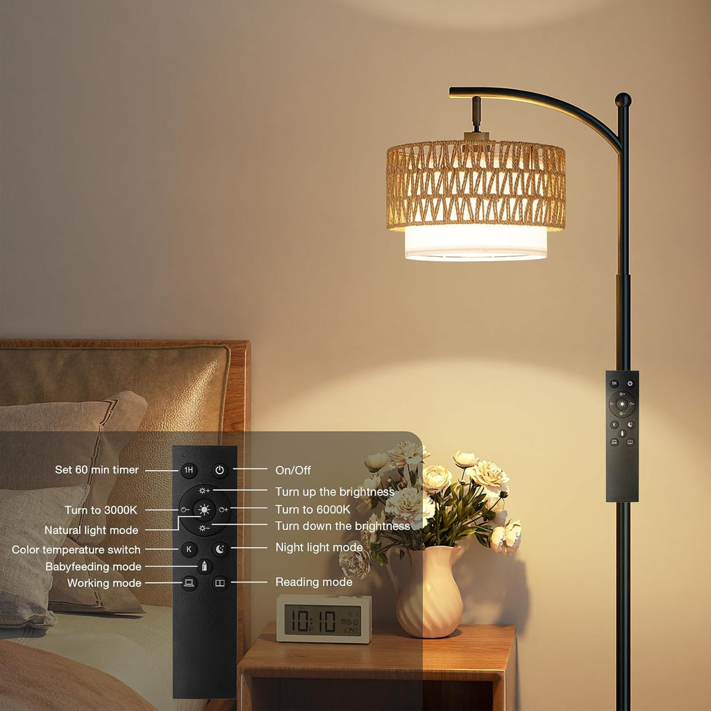 Arc Floor Lamp with Remote, Boho Standing Lamp with Rattan & Linen Shades, Color Temperature & Dimmable Bulb