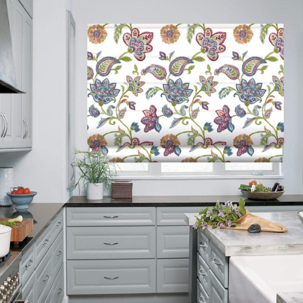 Washable Roman Shades, Floral Custom Fabric Blackout Cordless Roman Shades for Windows, Doors, Kitchen Windows, Easy