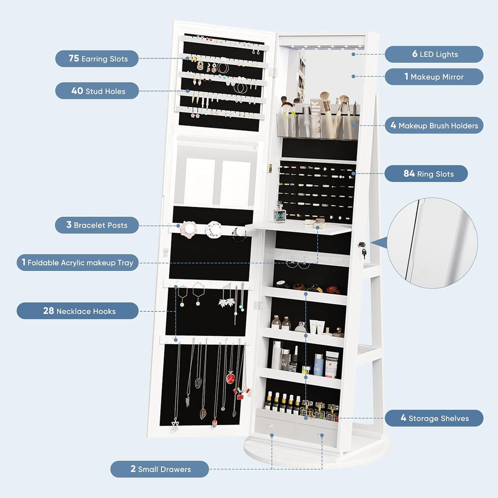 360° Rotating Jewelry Armoire with Full-Length Mirror & LED, Lockable Standing Organizer, Secure Storage