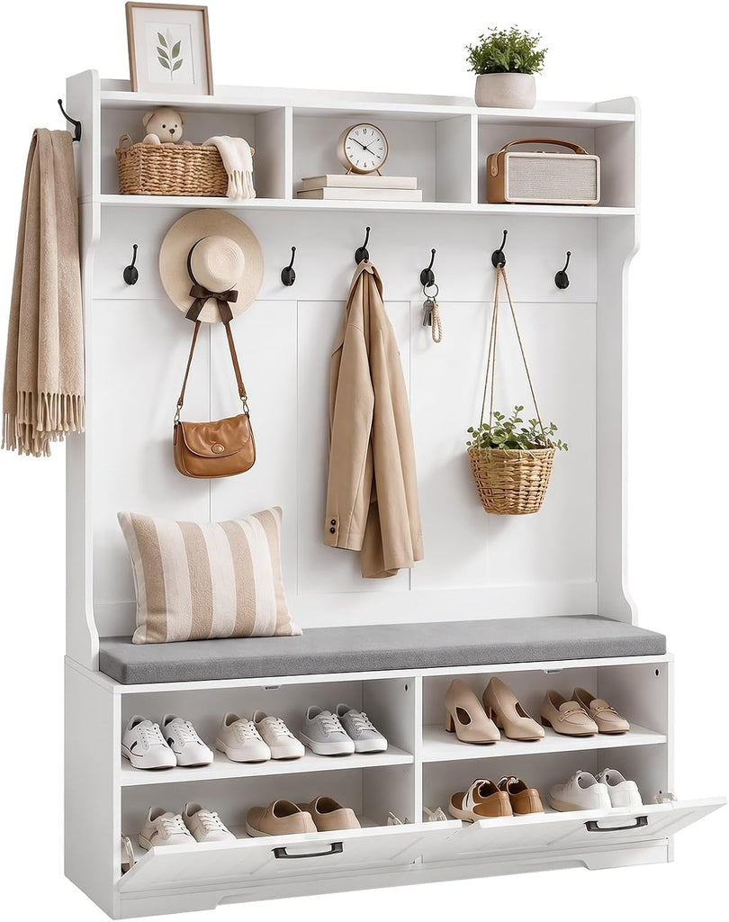Hall Tree with Bench, 47.2" Hall Tree with Shoe Storage | Entryway Coat Rack, Shoe Bench with Storage, Farmhouse Hall