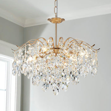 6-Light Gold Crystal Chandeliers, Middle Century Dining Room Light Fixture, Modern Pendant Light for Living Room, D20 x H17, Adjustable Chains 59", Chopper Finish Metal Frame