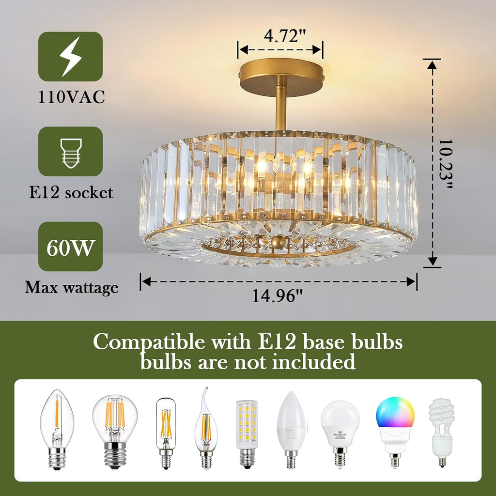 4 Lights Modern Crystal Chandelier Gold Round Semi Flush Mount Ceiling Light Fixture Farmhouse Chandelier for Dining