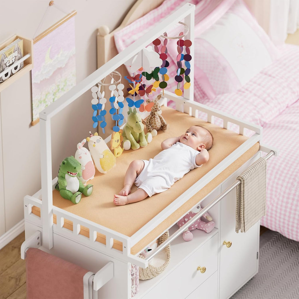 Baby Changing Table, Infant Diaper Changing Station with Wheels & Wide Table Top & Clothes Rail, Baby Changing Table