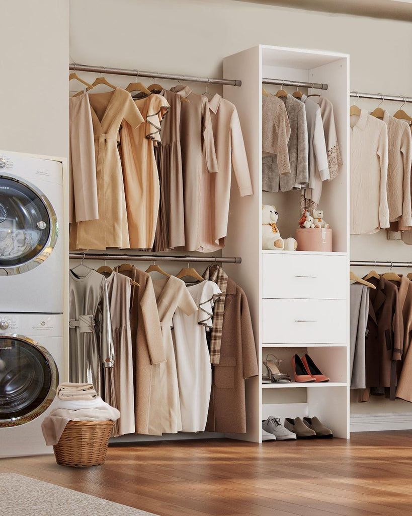 Closet System with Drawer, 5-8FT Closet Organizers System with 5 Adjustable Hanging Rods and Shoe Rack, Heavy Duty