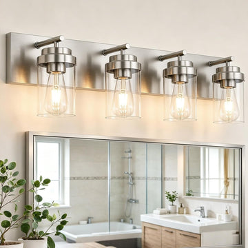 4-Light Bathroom Light Fixtures, Brushed Nickel Vanity Lights | Modern Bathroom Lighting Fixtures Over Mirror, Vanity