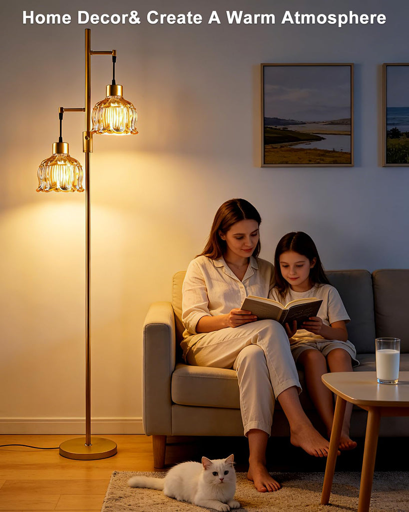 Amber Flower Glass Floor Lamp 2-Light Dimmable Gold Tall Lamps
