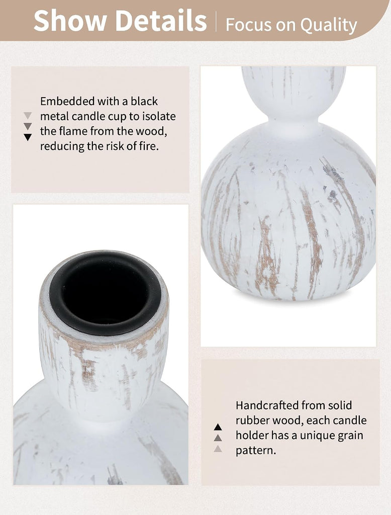 Taper Candle Holders Decor: Set of 3 Wooden Candlestick Holders Mantel Decor - Boho Farmhouse Rustic White