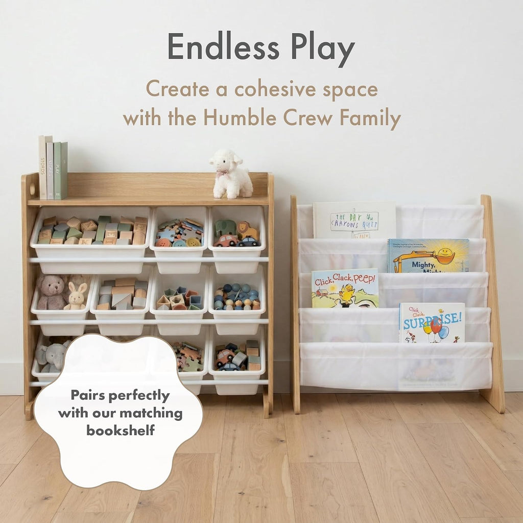 Kids Toy Organizer with Display Shelf, 9 Bins, 3 Tier Storage | Sturdy wood and steel toddler shelf, removable