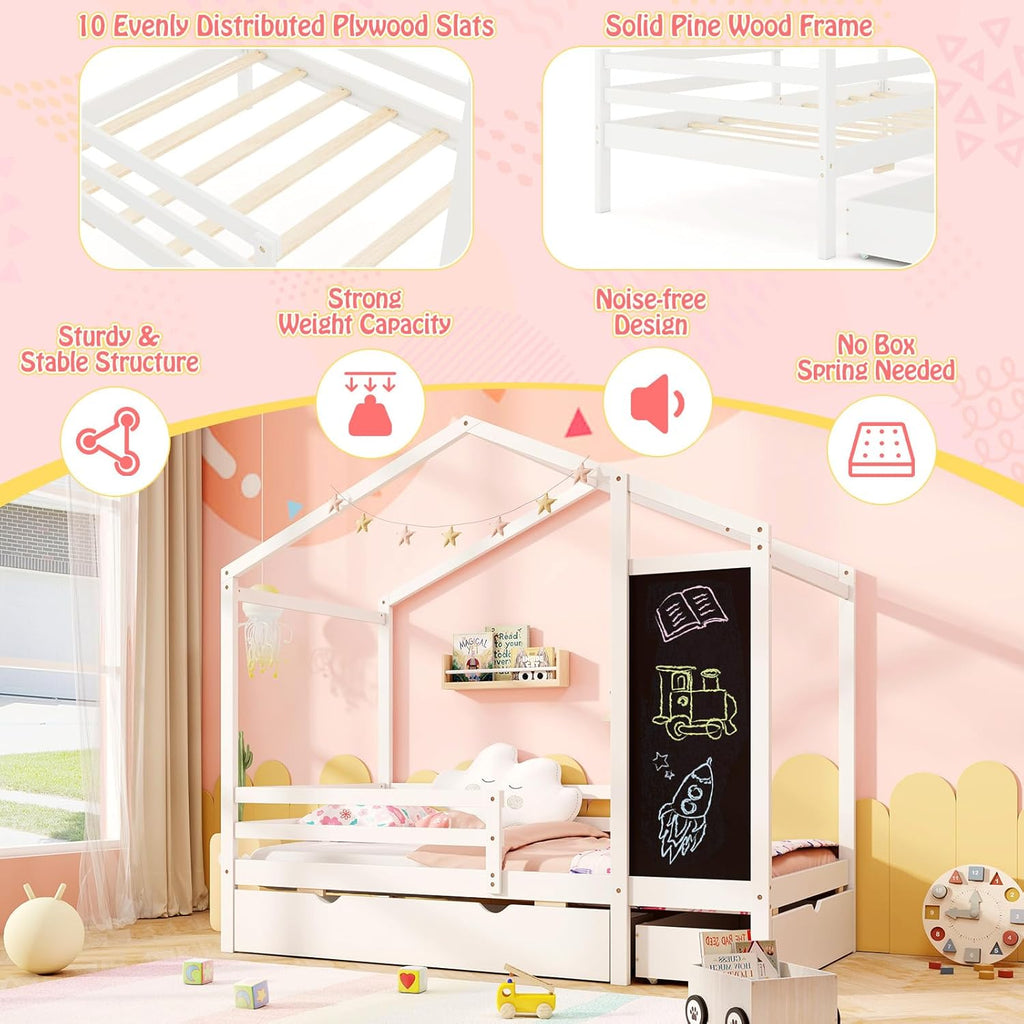 Twin Bed with 2 Storage Drawers, Solid Wood House Bed with Blackboard & Safety Guardrails, Tw Bed w/Slats Support, No