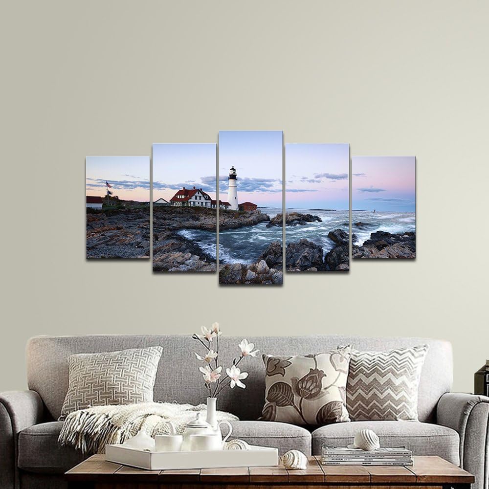 Large Canvas Prints Wall Art Portland Lighthouse Landscape Pictures to Photo Paintings Bathroom Home Decoration Wall - Set of 5