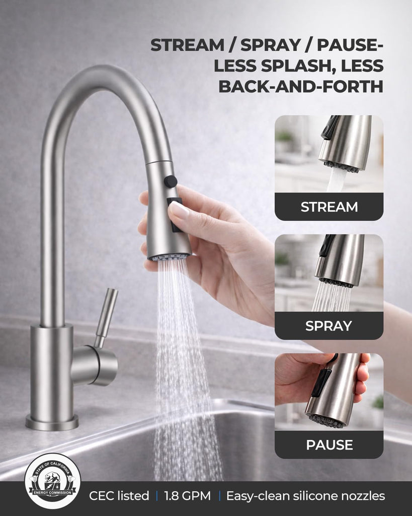 Kitchen Faucets with Pull Down Sprayer, Leak-Proof Stainless Steel Lead-Free Single Handle 1 Hole for Family Kitchen