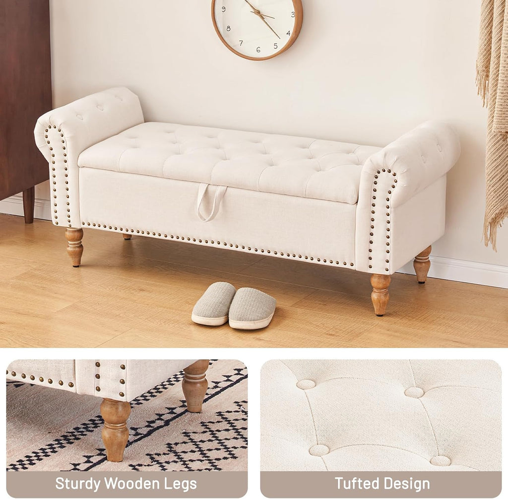 51" Storage Benches, End of Bed Bench with Button-Tufted Large Upholstered Storage Ottoman Linen Window Bench with