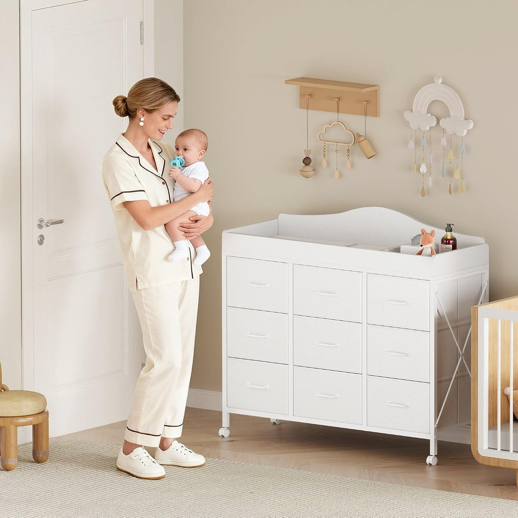 Baby Changing Table, 9 Fabric Boxes, Waterproof Pad, Mobile, White | Baby Changing Table,Waterproof Diaper pad &