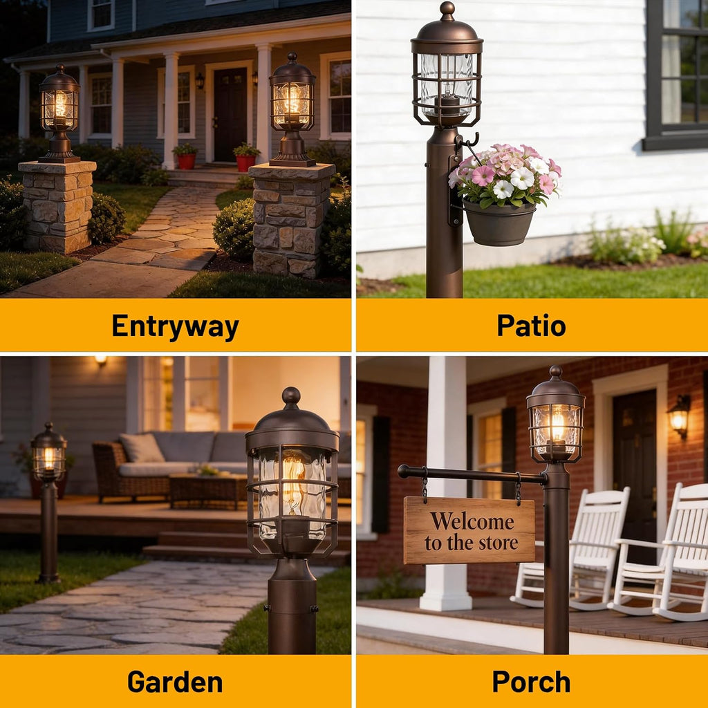 Outdoor Post Lights Lamp Post Light Fixture with Water Ripple Glass Industrial Lantern Cage