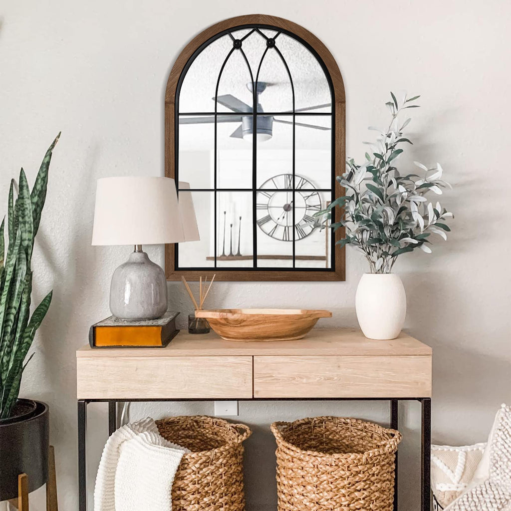 Arched Window Pane Mirror 36x24 Inch Wood Frame, Window Brown
