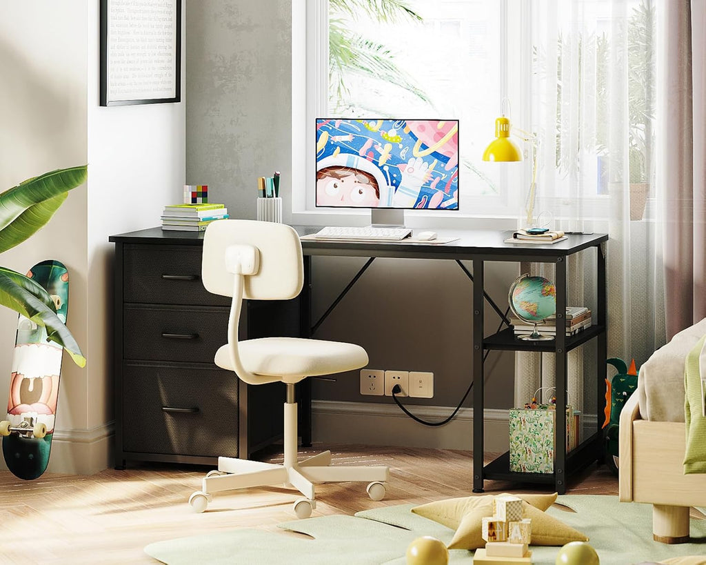 51 Inch Computer Desk with Fabric Drawers & USB Power Outlets, Reversible Home Office Desk with Storage Shelves