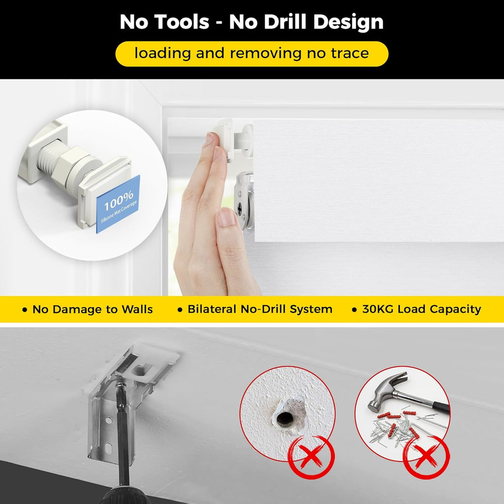 No Tools No Drill Cordless Blackout Roller Shades Windows, Easy to Install, Darkens Rooms, Blocks Heat, and Protects