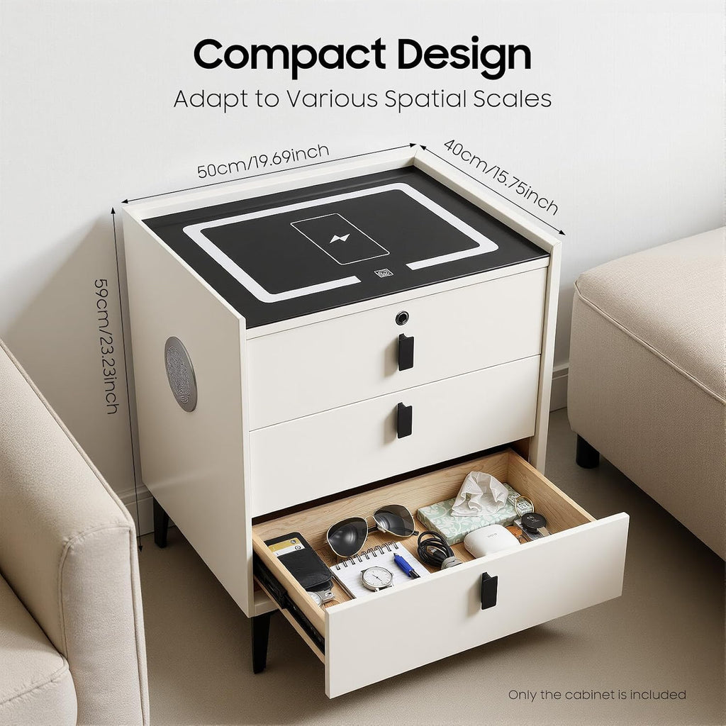 Smart Nightstand with Bluetooth Speaker USB Charging, 3 Drawer | Bedroom Daily Storage Scene, 4.72in Raised Legs