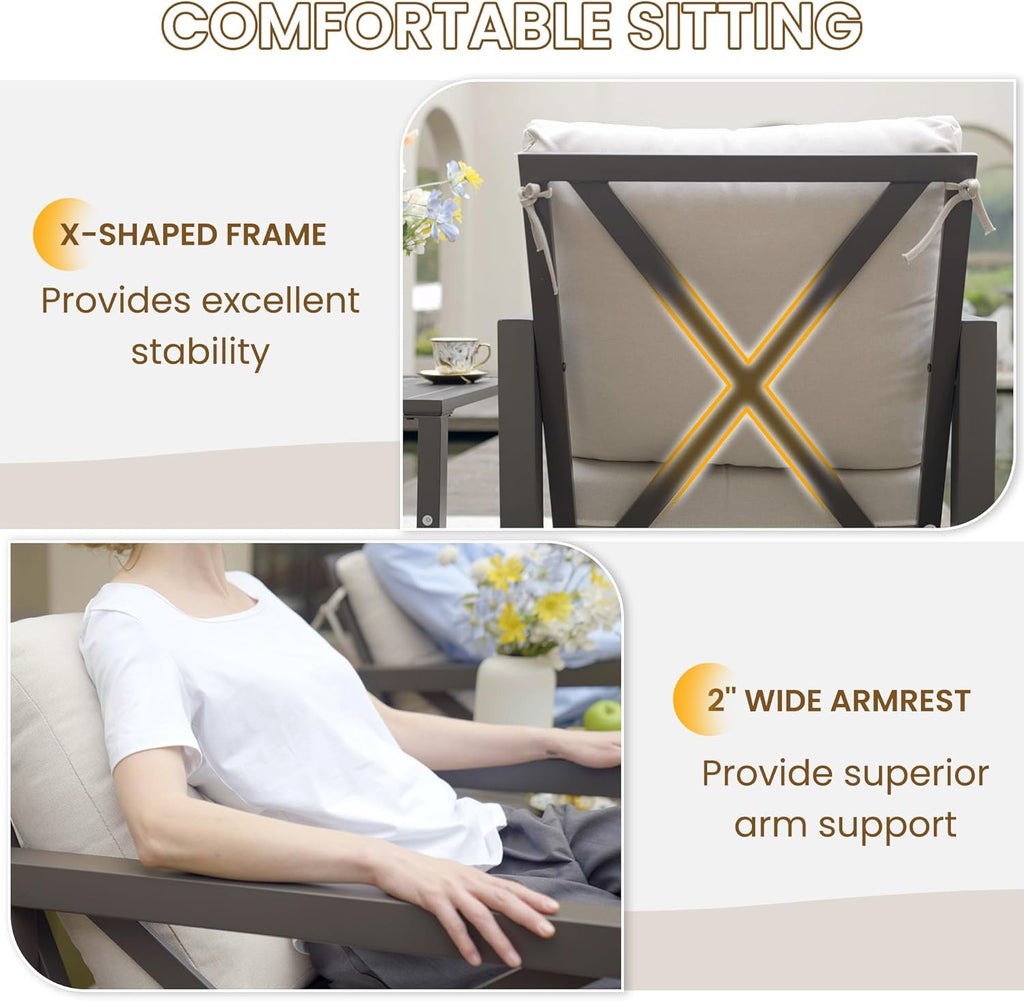 Rocking Chair Outdoor Set 2 w/Coffee Table, 3 Pc Metal Bistro Set | Metal Rocking 6.5" Water-Resistant Cushions