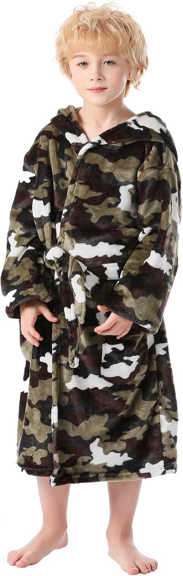 Boys Fleece Robe, Hooded Soft Fuzzy Bathrobe for Kids