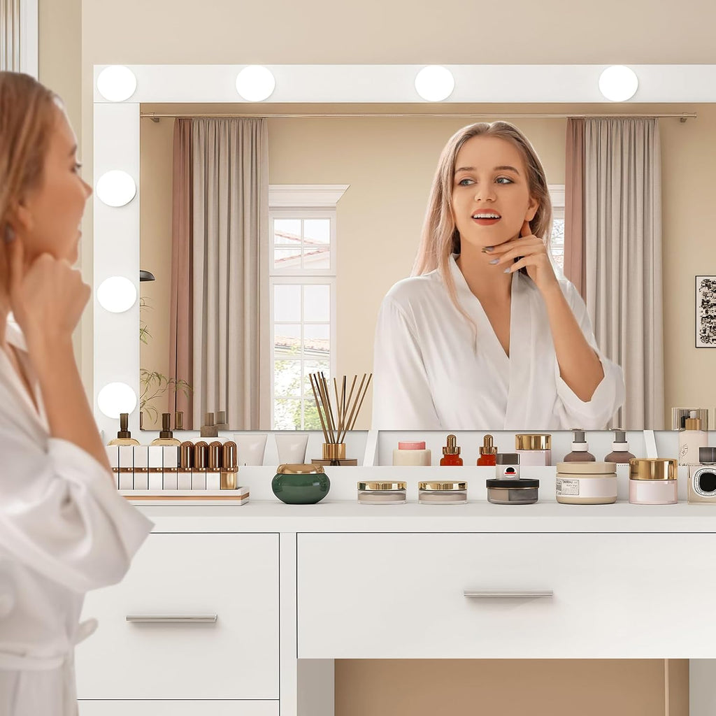 Vanity with Large Mirror and 12 LED Lights, Vanity Desk with 7 Drawers & Hairdryer Holder, Makeup Vanity Desk with
