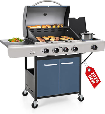 4-Burner Propane Gas Grill with Side Burner, 42,000 BTU BBQ Grill with Porcelain-Enameled Cast Iron Grates, 545 Sq. In. Cooking Area for Garden and Patio