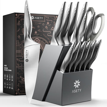Knife Block Set, 15 PCS Knives Set , Stainless Steel | Ultra Sharp Kitchen Knife, Full Tang One-Piece Knife Set with