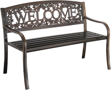 Metal Outdoor Bench, Welcome Design, Decorative Patio Seating for Porch/Deck
