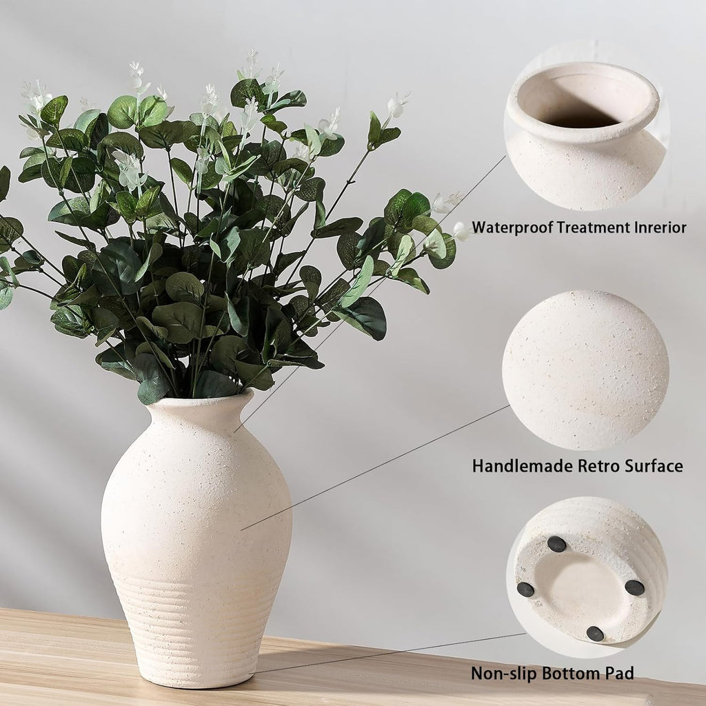 Ceramic Rustic Farmhouse Vase, 9.2 inch Whitewashed Terracotta Vase, Pottery Decorative Vases,Clay Decorative Vases