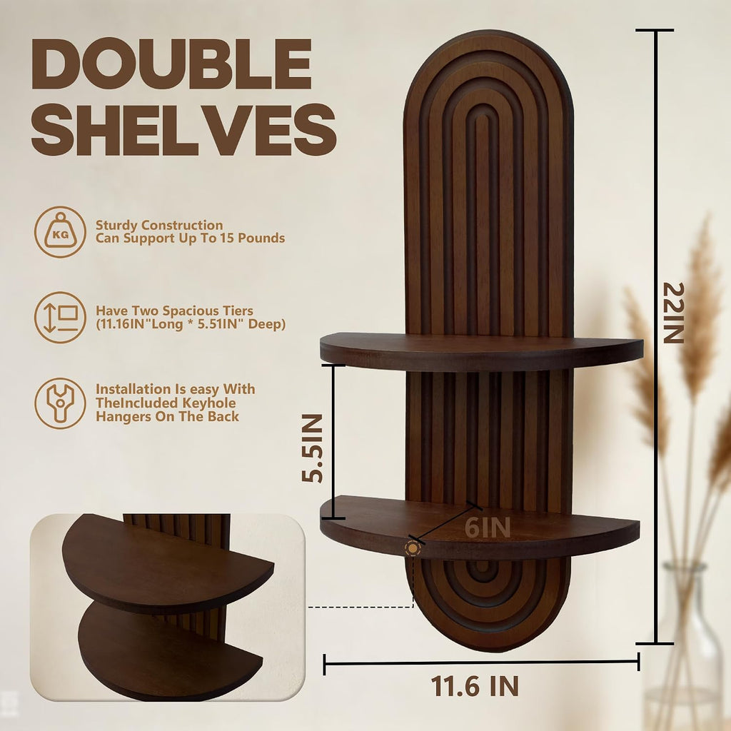 Wall Shelf with Arched Mid Century Boho Wall Decor Wood Design 2-Tier Wooden Floating Shelves for wall, Plant Wall