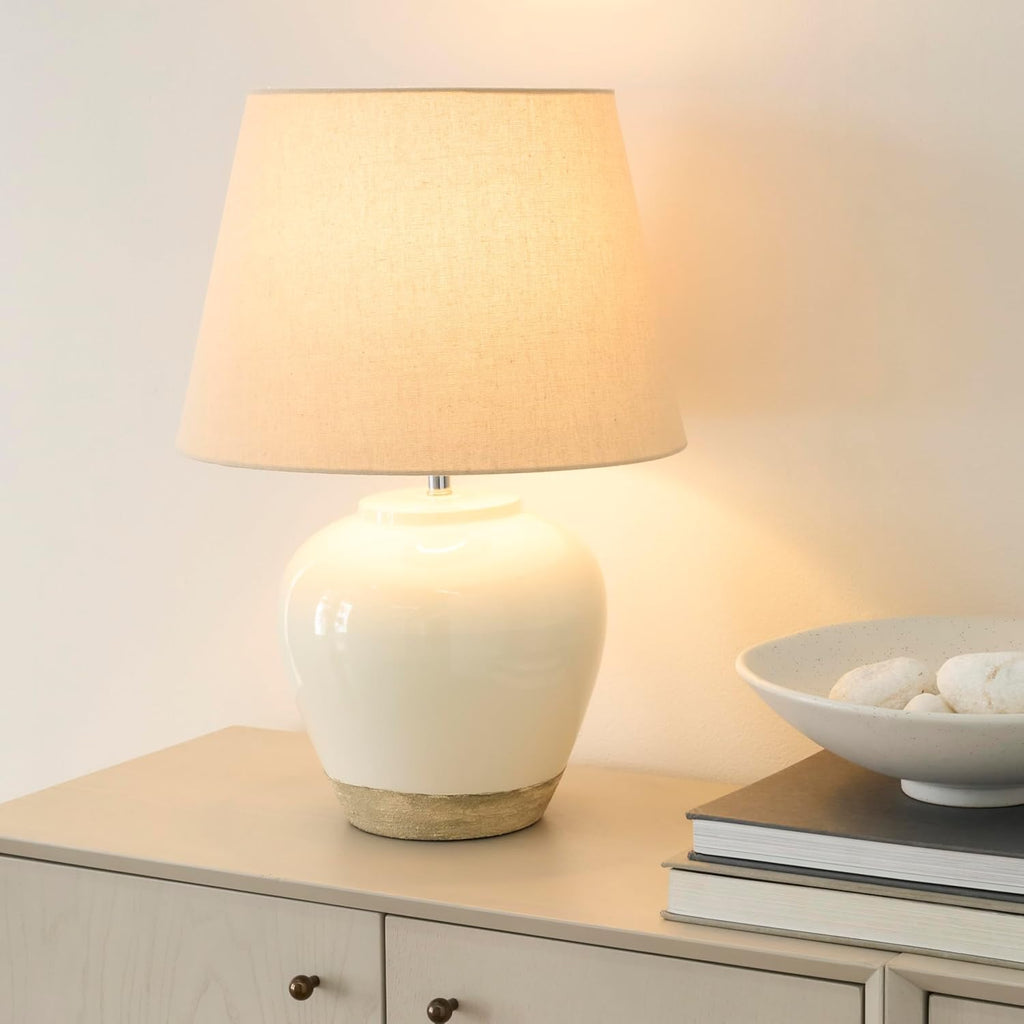 Home 20" Two-Tone White and Tan Glossy Ceramic Table Lamp, Bedside Nightstand Lamp with Warm Beige Shade