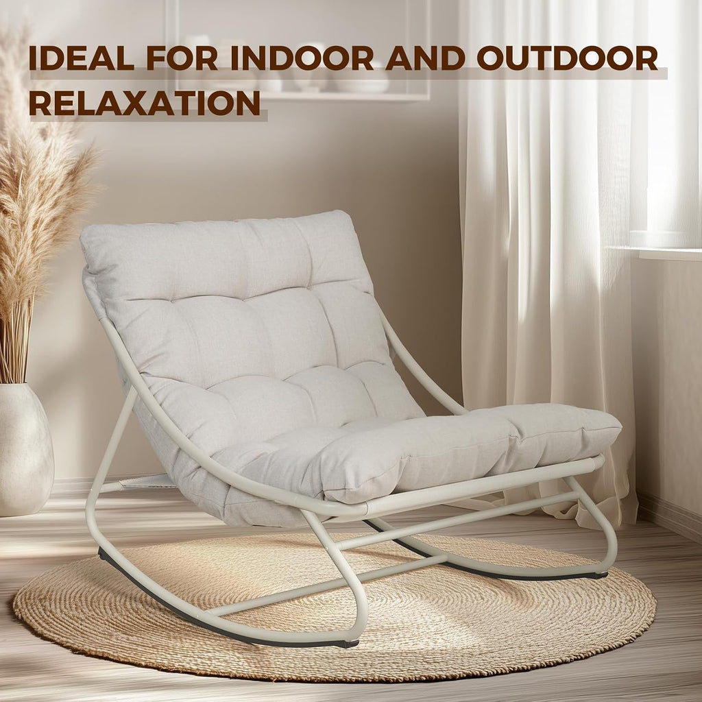 Rocking Chair with Cushion for Indoor and Outdoor, Beige | Metal Lounge Rocking Chair with Thick Cushion, Comfy