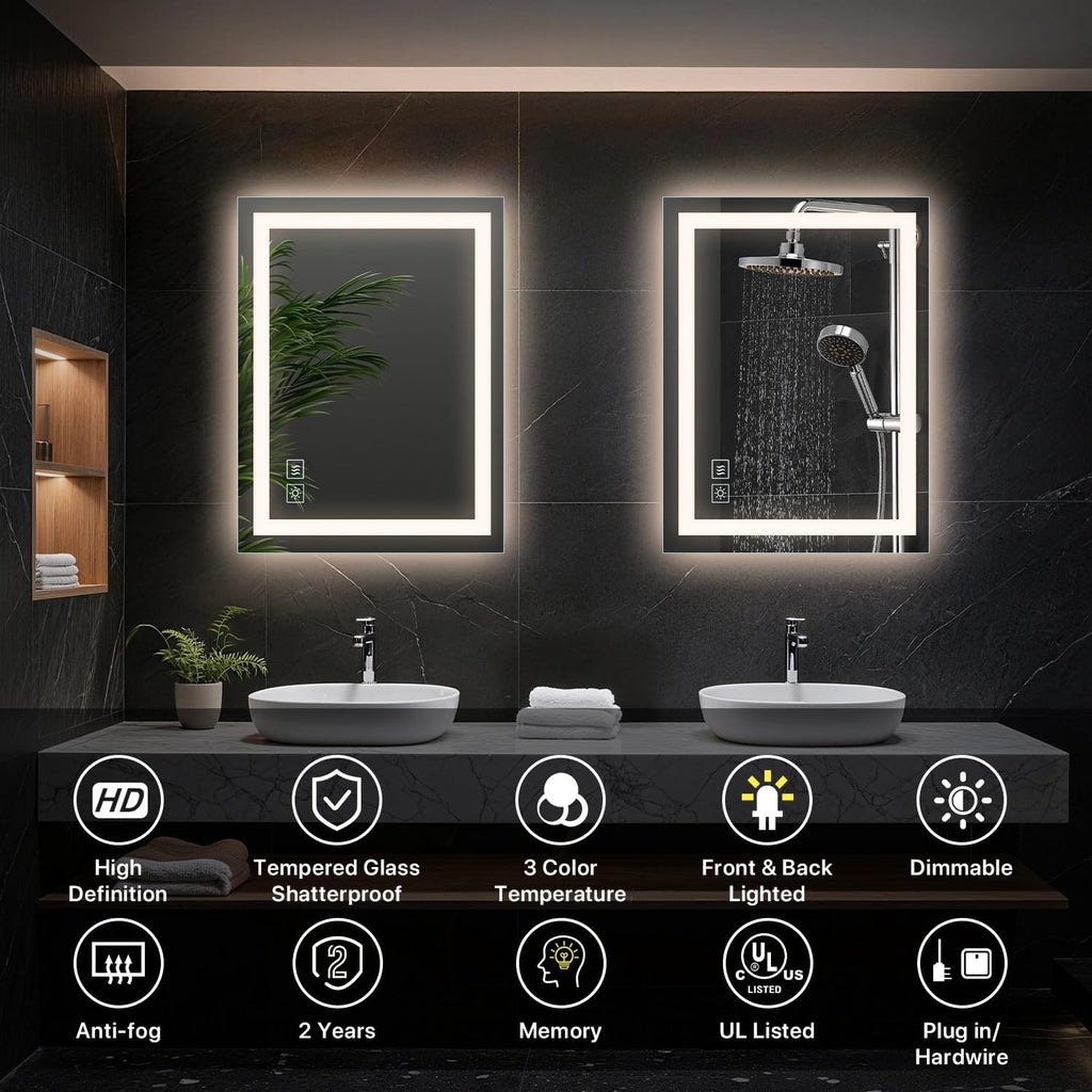 32”x24“ LED Bathroom Mirror with Light, Anti-Fog Wall Mount Vanity Mirror Dimmable & 3CCT, Memory Function