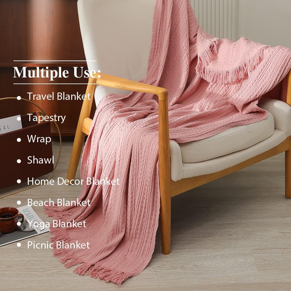 100% Cotton Throw Blanket, Waffle Weave Cable Knit Blanket with Tassels, Soft Lightweight Pre-Washed Breathable Cozy