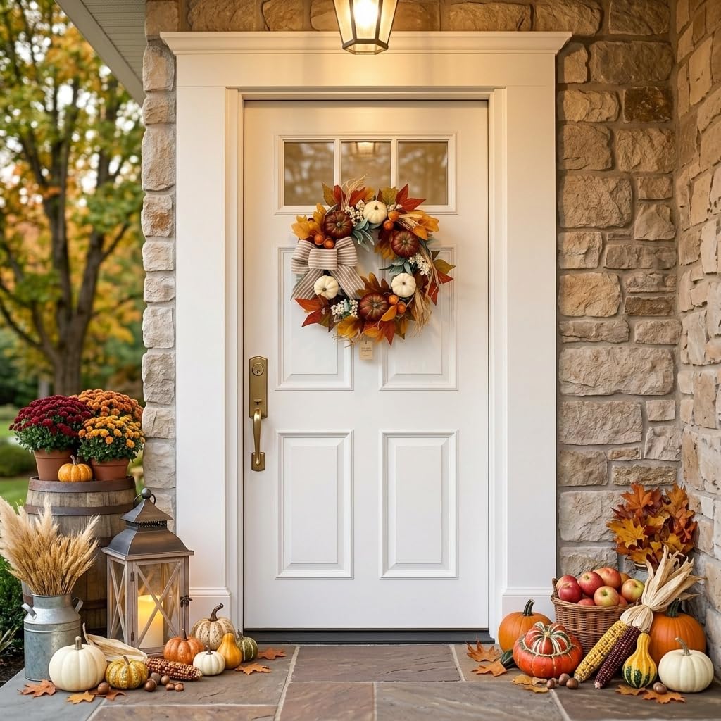20'' Fall Wreaths for Front Door with LED Lights