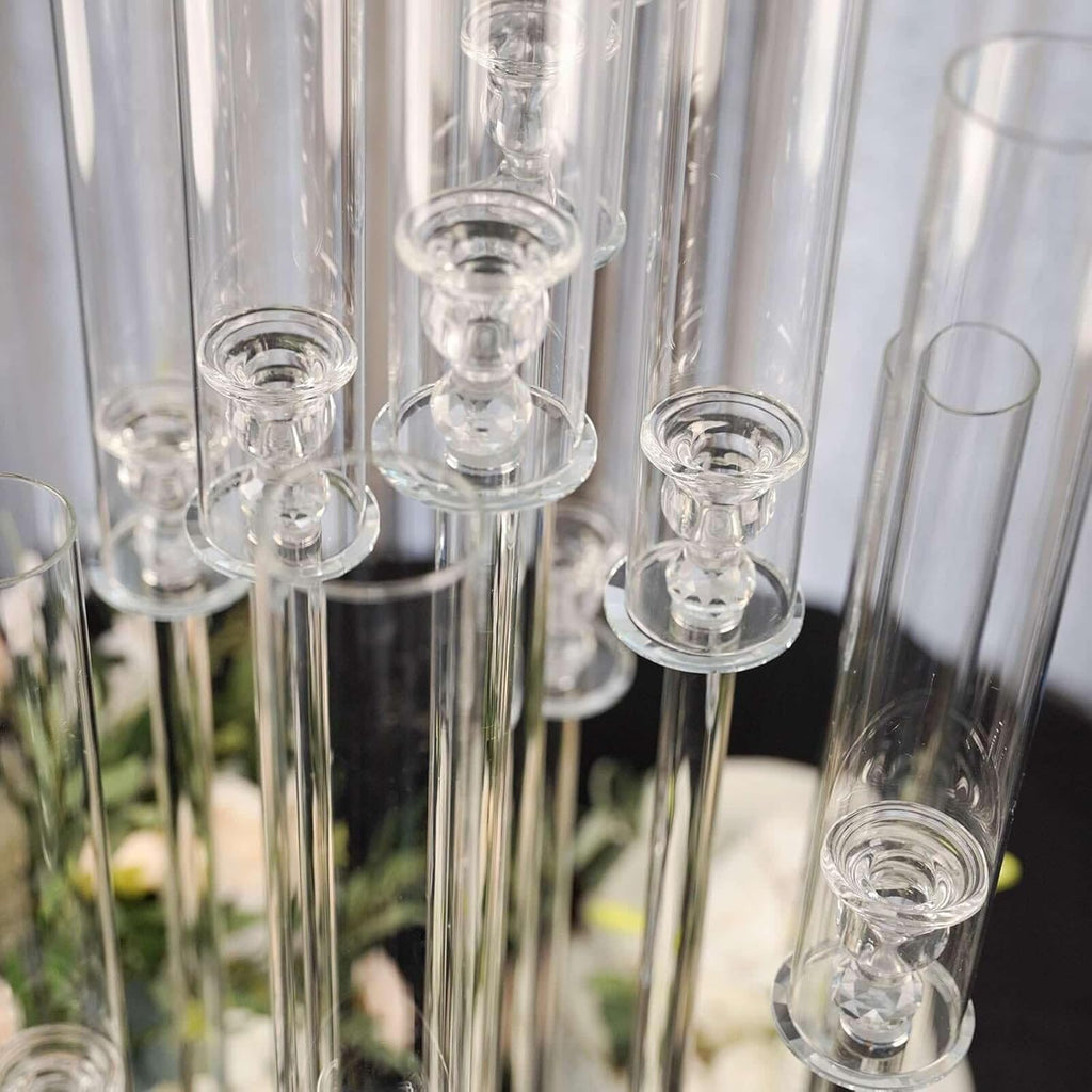 47" Tall - 10 Arms Clear Crystal Cluster Round Candelabra, Pillar Candle Holders with Mirror Base , Party Decorations